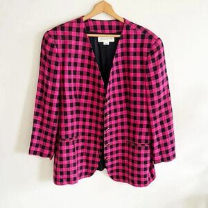 Vintage 90s Jones New York pink/black checkered plaid print oversized blazer 16